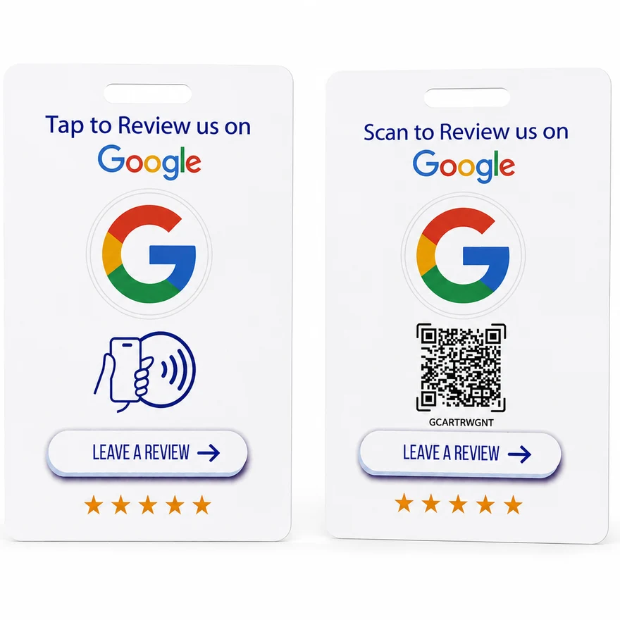 Front and back of the On Point Tech Google review card, with tap and QR scan options